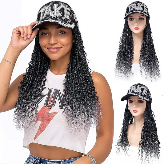 Hat Wig 16-Inch Crochet Goddess Braids Curly Ends, Ombre Dark Gray Boho Braids Crochet Hair Wigs for Women