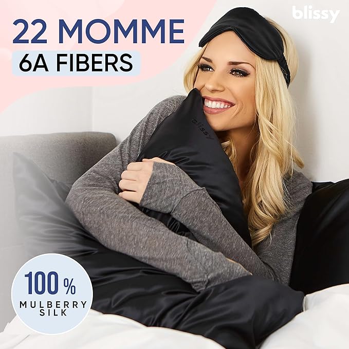 Blissy Silk Pillowcase - 100% Pure Mulberry Silk - 22 Momme 6A High-Grade Fibers - Silk Pillow Cover for Hair & Skin - Regular, Queen & King (Black, King)