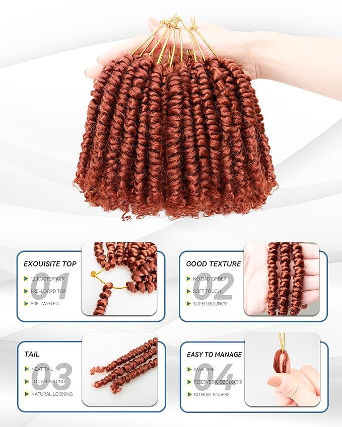 Short Passion Twist Crochet Hair for Black Women and Kids,Pre-Twisted Pre Looped Passion Twist Hair,4 Inch 8 Packs Ginger Short Bob Spring Twist Bohemian Braids,Curly Hair Extensions(4"-8P,350#)