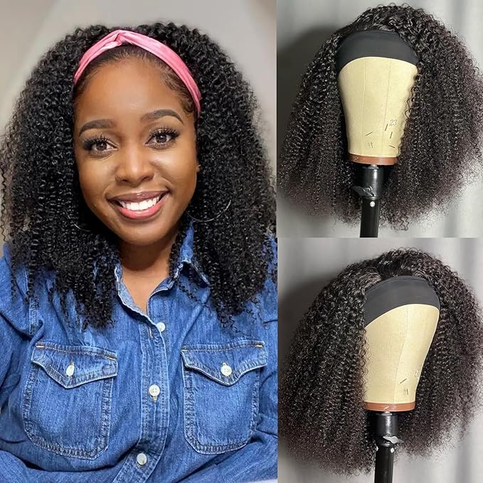 Kinky Curly Headband Wig Human Hair 16 Inch Headband Wigs for Women Human Hair Glueless None Lace Front Curly Wave Wigs Brazilian Virgin Hair Wear and Go Glueless Wig 150% Density Natural Black Color