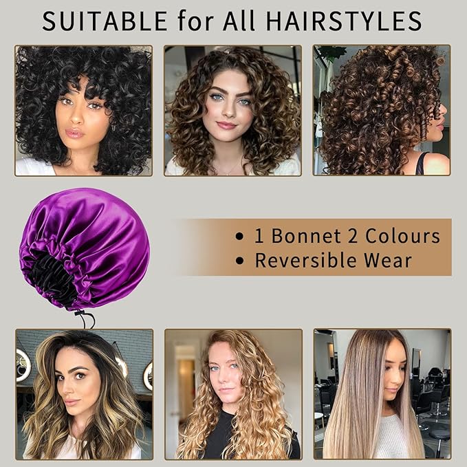 RedJoe 22 Momme 100% Mulberry Silk Bonnet Hair Wrap for Sleeping, Adjustable Silk Scrunchies Sleep Cap for Women Men Hair Care, Head Scarf Night Caps with Elastic Stay On Head, 1Pc(Purple,Black)