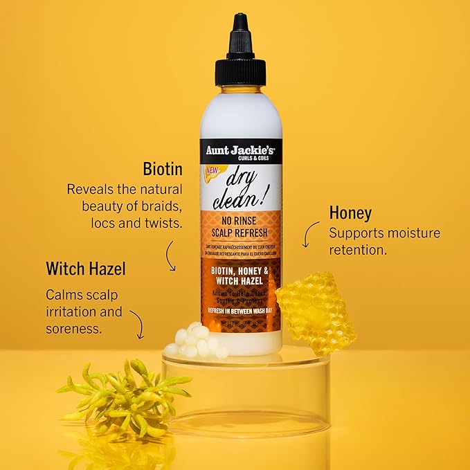 Aunt Jackie's Braid + Twist Collection Dry Clean! No Rinse Scalp Refresh – Detox and Moisturize Scalp with Witch Hazel, Scalposine, Biotin, and Honey – 6 fl oz