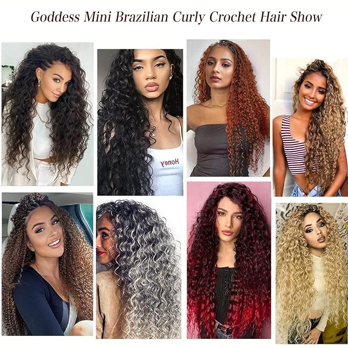 Xtrend Pre looped Brazilian Micro Kinky Curly Crochet Hair 24 Inch 8 Packs Ombre Brown Yaki Kinky Curly Water Wave Crochet Hair Synthetic Deep Wave Mini Boho Braids For Women (30 Strands/Pack，T30#)