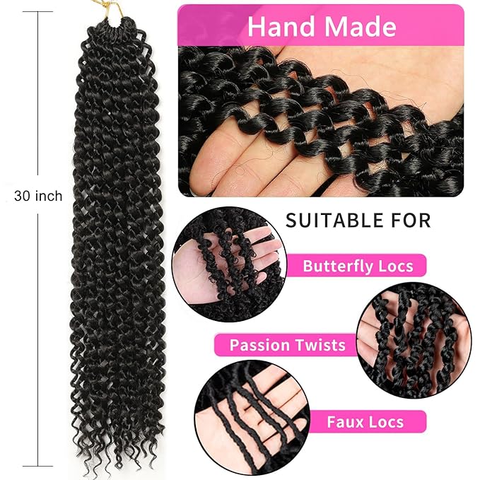 Ubeleco Passion Twist Hair 30 Inch 7 Packs Water Wave Crochet Hair for Black Women Long Bohemian Curly Braiding Hair Spring Twist Crochet Braids Hair Extensions (30inch,1B)