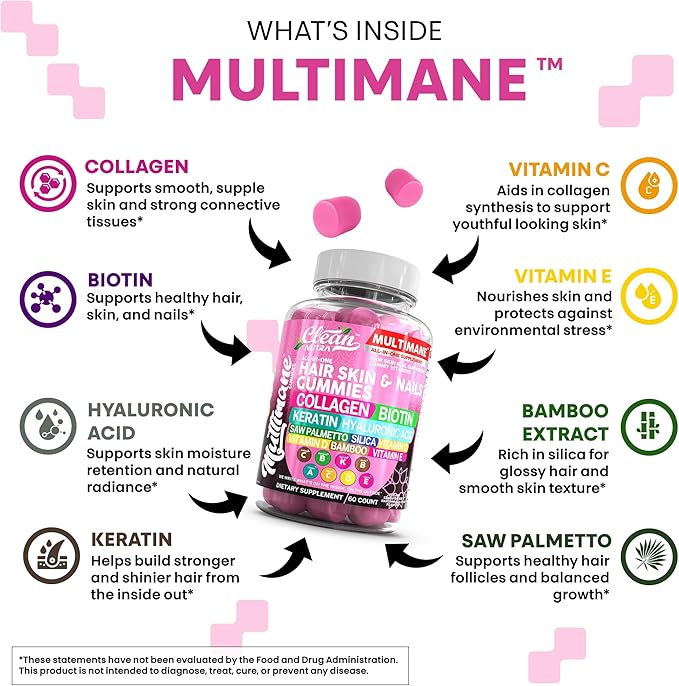Clean Nutraceuticals Biotin Collagen Keratin Gummies | Hair Skin and Nails Vitamins for Women | Hyaluronic Acid Bamboo Vitamin A C D3 E Folate with Saw Palmetto Silica B3 B12 Vegan Gummy