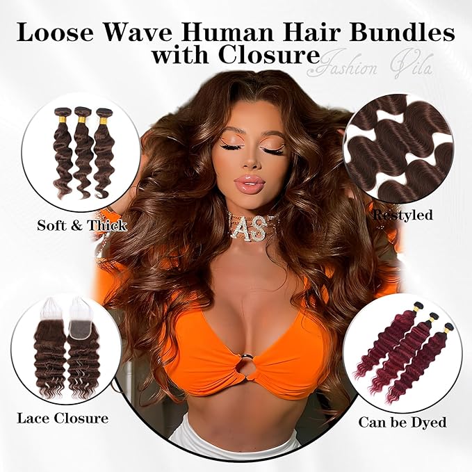 Brown Bundles with Closure Human Hair Loose Wave Human Hair Bundles with Closure (20 22 24+18）12A Brazilian Virgin Hair Light Brown Loose Deep Wave 3 Bundles with 4x4 Closure 4# Color