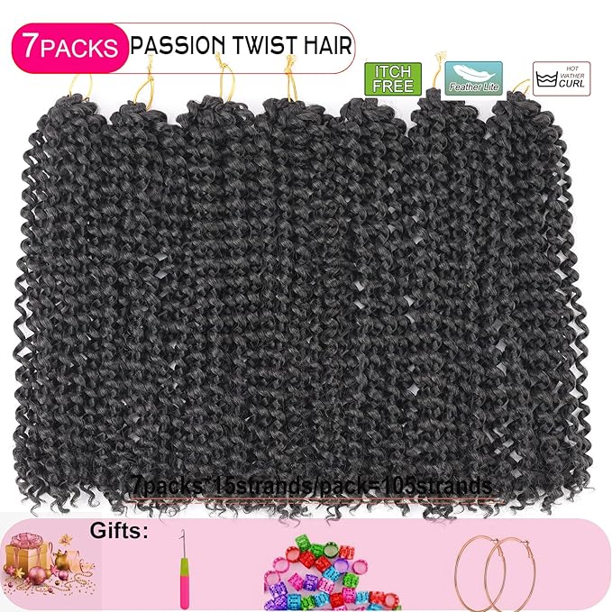 Passion Twist Hair 14 Inch 7 Packs Water Wave Crochet Hair 2# Color Wrap Braiding Hair For Passion Twist Crochet Hair/Butterfly Locs/Spring Twist Crochet Braids Boho Hair Extension (14 Inch,2#)