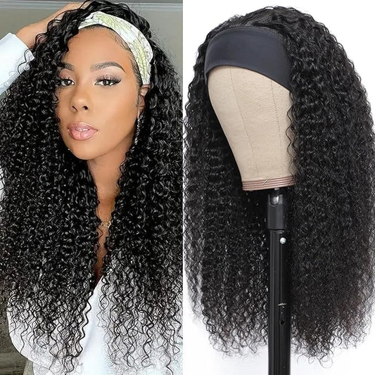 Aiterina Headband Wig Human Hair Kinky Curly Brazilian Virgin Curly None Lace Front Wigs for Black Women Headband Wig Human Hair Scarf No Gel Gluelees Remy Hair Natural Color (Headband Wig, 28inch)