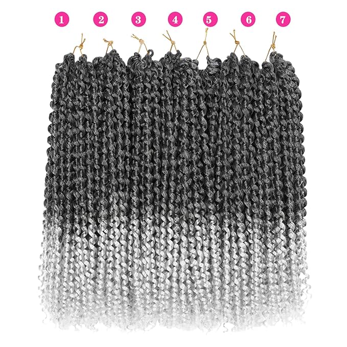 Ubeleco 14 Inch Ombre Silver Passion Twist Hair, Short Water Wave Crochet Hair for Passion Twist Crochet Hair Bohemian Synthetic Curly Braiding Hair Extensions (14 Inch (Pack of 7),1B/Gray)