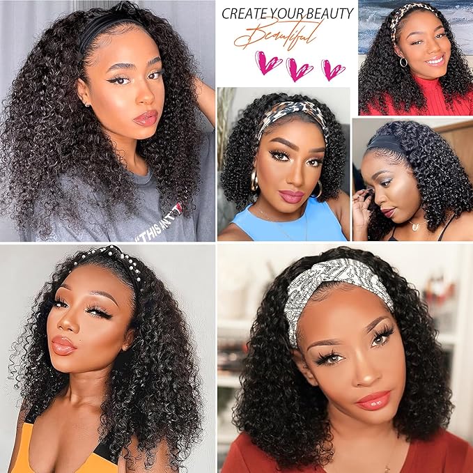 AISI QUEENS Headband Wig Human Hair For Black Women Curly Wigs Glueless Human Hair Short Curly Headband Wigs (12 Inch, Curly Headband Wigs)