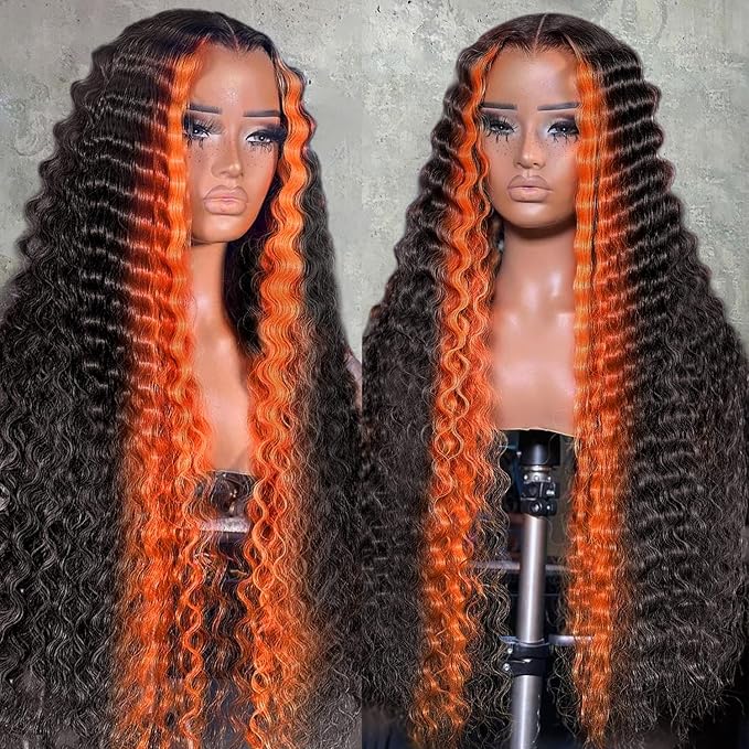250% Density 34 Inch Deep Wave Lace Front Wigs Human Hair Pre Plucked 13x6 HD Transparent Lace Frontal Wigs Ginger Orange Colored Human Hair Deep Curly Glueless Wigs Human Hair for Women