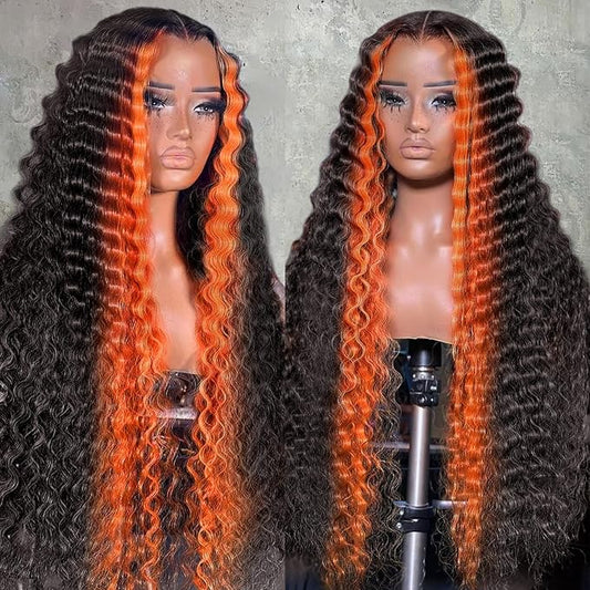 250% Density 34 Inch Deep Wave Lace Front Wigs Human Hair Pre Plucked 13x6 HD Transparent Lace Frontal Wigs Ginger Orange Colored Human Hair Deep Curly Glueless Wigs Human Hair for Women