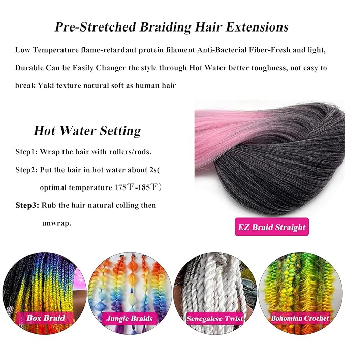 Pre Stretched Braiding Hair Ombre Black Pink Braiding Hair Pre Stretched Colored Hair Extensions for Braiding Box Braids Crochet Hair Pink Weave Prestretched Braiding Hair 26 inch 3 pack