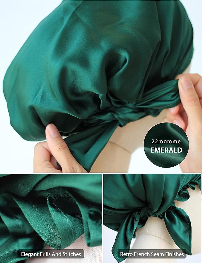 SissiLita 100% Silk Bonnet for Sleeping, Large Sleep Cap With Tie Band for Curly Hair Care, Hair Wrap (Emerald)