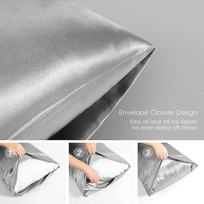 Satin Pillowcase for Hair and Skin, Vegan Silk Pillowcase Set-2 Satin Pillowcases, 1 Eye Mask, 1 Scrunchie-Luxury Sleep Set, Silver Gray Pillow Cases Queen Size with Envelope Closure
