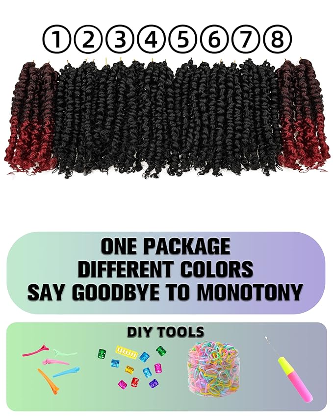 6 Inch 8 Packs Mixed Colors Combo Pack,Pre Looped Pretwisted Passion Twist Crochet Hair For Women -Super Short Crochet Hair Extensions Braided by Synthetic Spring Kinky Twist Bohemian Curls(1B+TBUG)