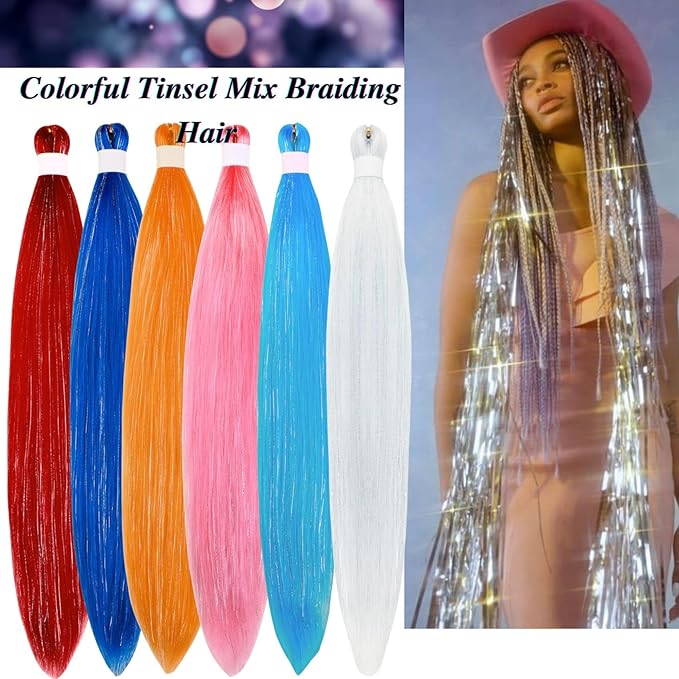 Tinsel Braiding Hair Pre stretched Neon Blue Braiding Hair for Glitter Braids Festival Cosplay Braids