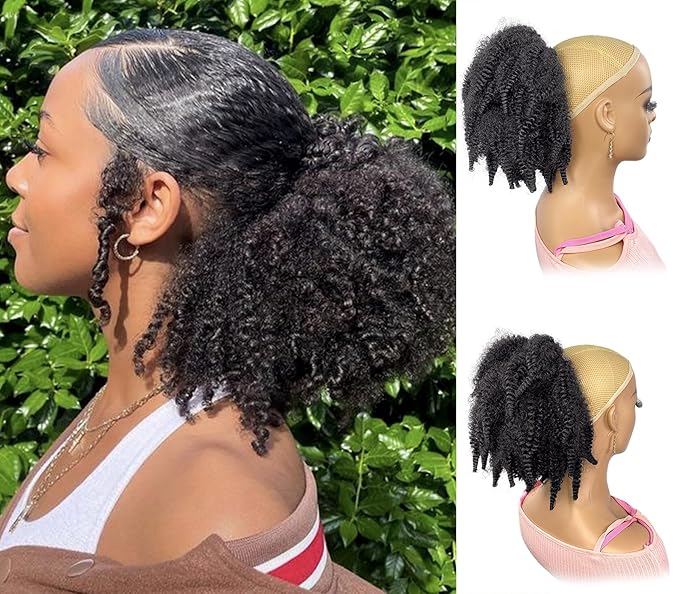12inch Short Marley Hair Drawstring Ponytail Brown Black 4C Afro Puff Bun Braiding Hair Ponytail Synthetic Afro Kinky Curl Pony Tail Hair Piece for Black Women - 2#