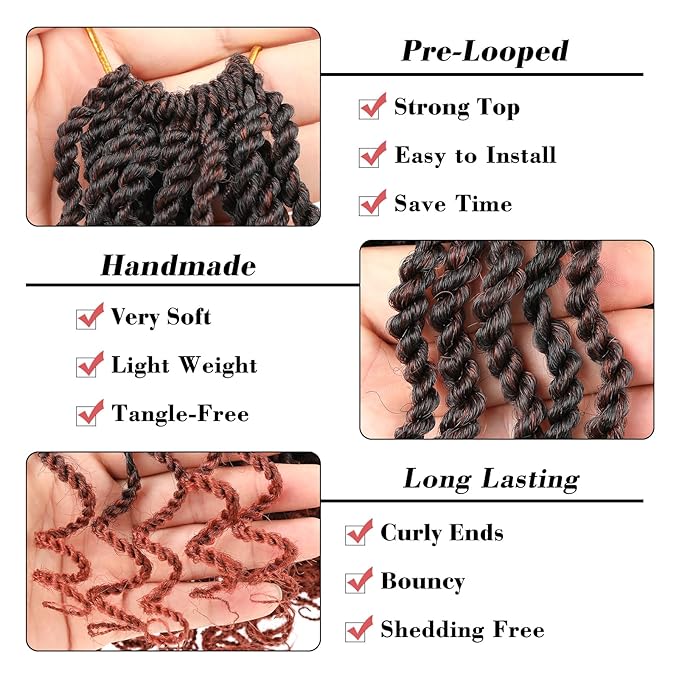 Leeven 18 Inch Senegalese Twist Crochet Hair with Curly Ends 8 Packs Ombre Copper Red Pre Looped Wavy Crochet Braids for Kids Women Ginger Pre Twisted Small Hanava Twist Synthetic Braiding Hair