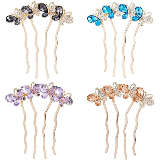 Crystal Hair Side Combs, Bridal Wedding Rhinestones Hair Combs for Women Glitter Sparkly Jeweled Metal Hairpins with Long Teeth Butterfly Barrettes Clips Hair Holder Accessories for Ladies (4 Pack)