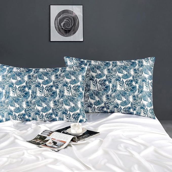 ZIMASILK 100% Pure Mulberry Silk Pillowcase for Hair and Skin Health,Both Sides 19 Momme Silk Floral Print,1pc (Standard 20''x26'',Blue Leaves)