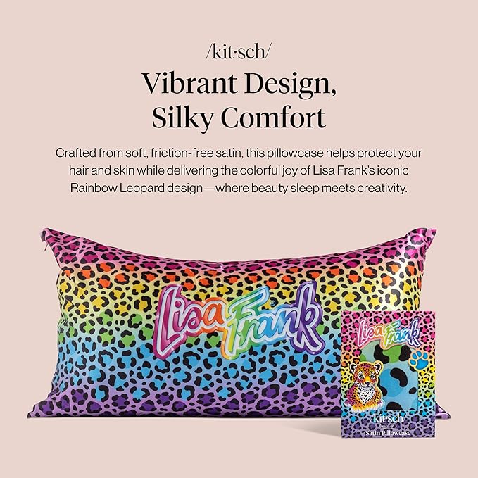 Kitsch x Lisa Frank Satin Pillowcase with Zipper for Hair & Skin, Softer Than Silk Pillow Cases, Wrinkle-Free, Smooth and Cooling Satin Pillow Covers King Size (19x36) - Rainbow Leopard