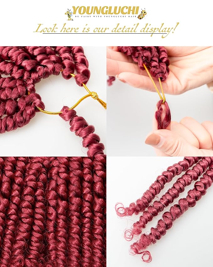 4 Inch 7 Packs Super Short Passion Twist Crochet Hair for Black Women and Kids-Burgundy Pre Looped Pretwisted Soft Hair Extensions,Braided by Synthetic Spring Kinky Twist Bohemian Curl(4"-7P,BUG#)