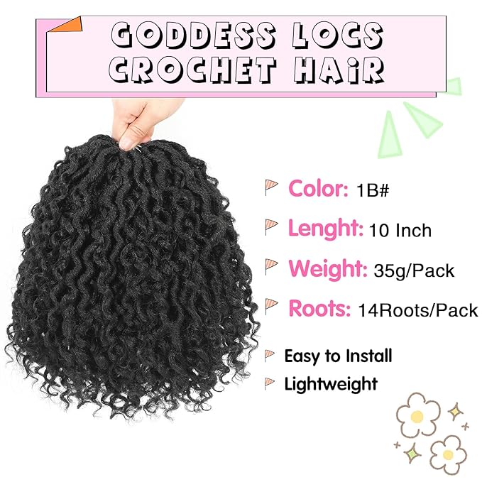 Fulcrum Goddess Locs Crochet Hair 10 Inch, 8 Packs New Faux Locs Crochet Hair for Black Women, Crochet locs with Curly Ends (10Inch (Pack of 8), 1B#)