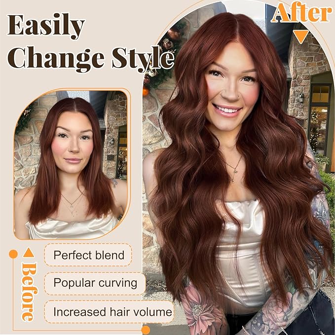 ALXNAN Clip in Long Wavy Synthetic Hair Extension 24 Inch Reddish Brown 4PCS Thick Hairpieces Fiber Double Weft Hair for Women
