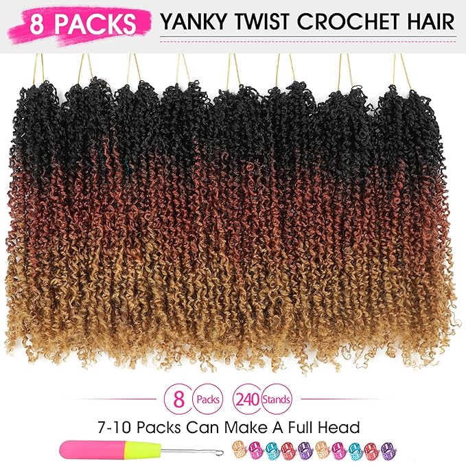 NAYOO 12 Inch Yanky Twist Crochet Hair - 8 Packs (30 Stands/Pack) Mini Passion Twist with Curly Ends Synthetic Pre-Looped Crochet Braids Braiding Hair12 Inch, OT30/27)