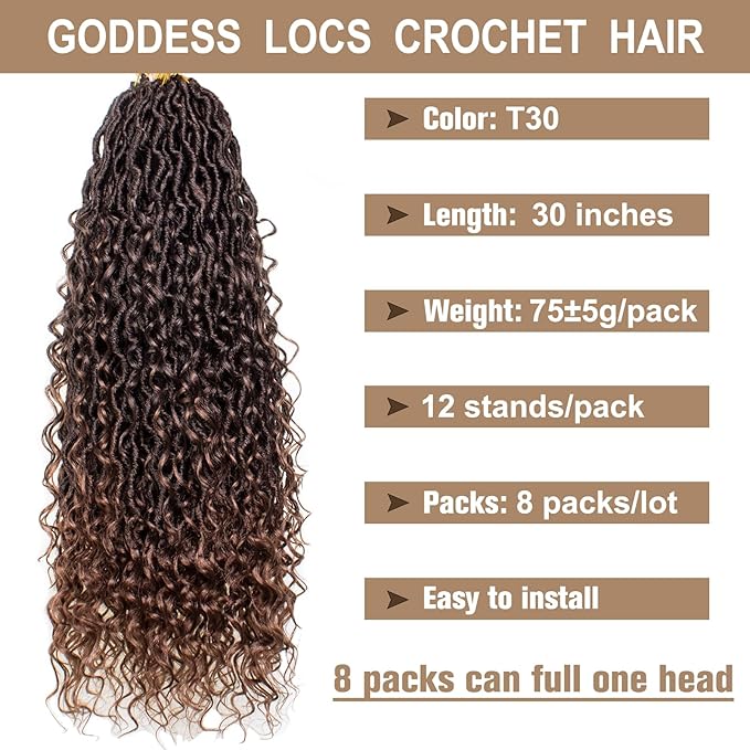 COOKOO 30 Inch Goddess Locs Crochet Hair 8 Packs Ombre Brown Faux Locs Crochet Hair for Women Synthetic River Locs Crochet Hair Pre Looped Bohemian Hippie Locs Hair Extensions T30#