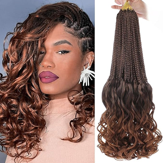 12 Inch French Curl Crochet Braids 9 Packs Goddess Box Braids Ombre Brown Pre Looped Crochet Hair with Bouncy Curly Ends Synthetic French Curly Braiding Hair for Women Girls