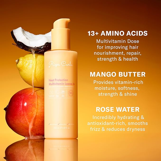 Rizos Curls Multivitamin Leave-In Heat Protection Up to 450°F – Strengthen, Repair & Add Shine to Straight, Wavy, Curly, Coily Hair Types 1a–4c – Sulfate & Paraben Free