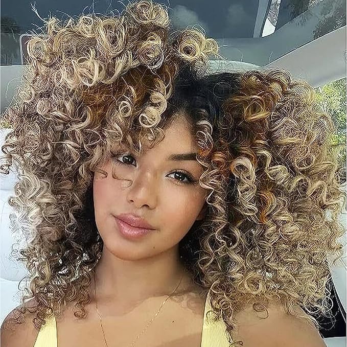Jamaican Bounce Crochet Hair Extensions 8 inch Ringlet Wand Curl Crochet Hair Blonde Brown Ombre Curly Crochet Braids Blonde 3 Tone Ombre Crochet Braiding Hair 100 Roots