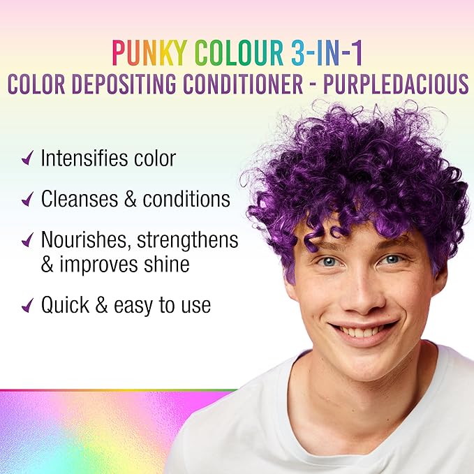 Punky Colour 3-in-1 Color Depositing Conditioner & Hair Cleanser - Purpledacious, Semi Permanent Hair Color Conditioner, Sulfate-Free Hair-Dye, 8.5 fl oz.