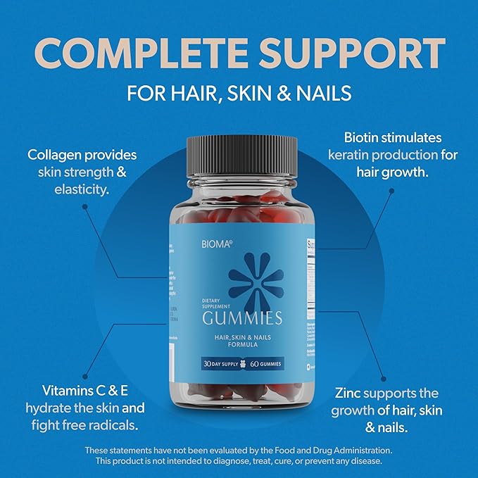 BIOMA Hair, Skin & Nails Beauty Gummies - Supports Growth & Strength with Biotin, Collagen, Zinc & Vitamins C & D - Gluten-Free - 60 Gummies (30-Day Supply)