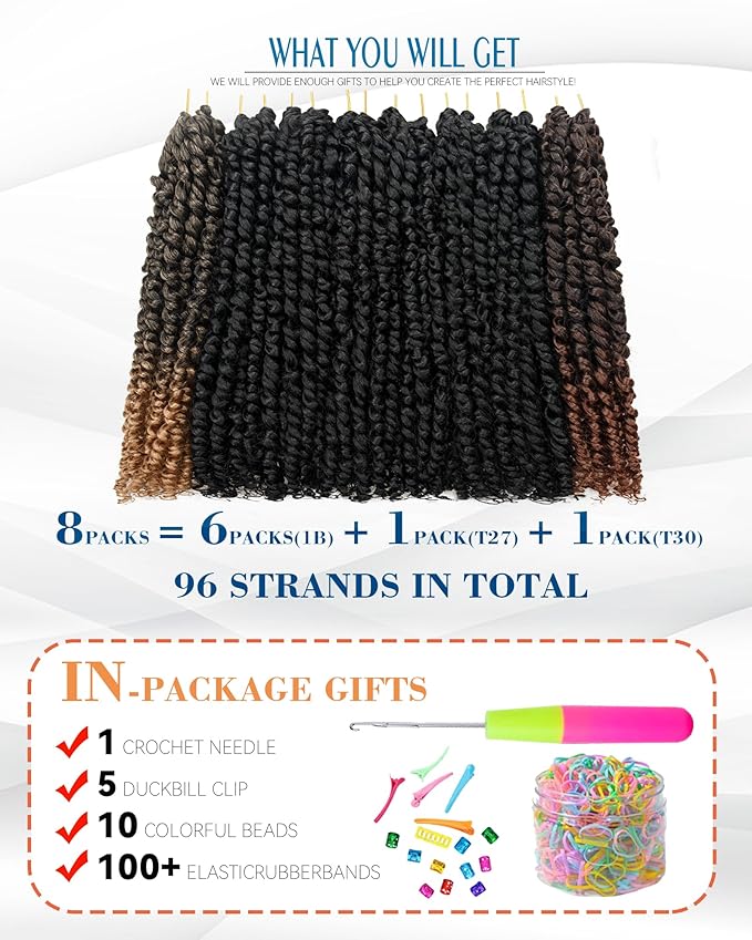 14 Inch 8 Packs Passion Twist Crochet Hair - Mixed Color Combo Pack (1B, T27, T30), Pre-twisted Pre-looped Braided Hair Extensions for Black Women