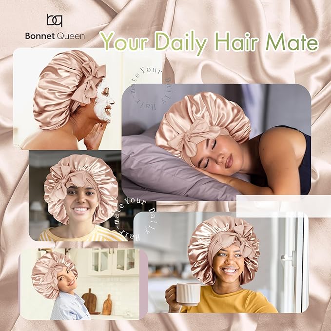 BONNET QUEEN Silk Bonnet for Sleeping Women, Satin Bonnet Night Sleep Cap Wrap for Curly Hair with Tie Band, Large, Champagne
