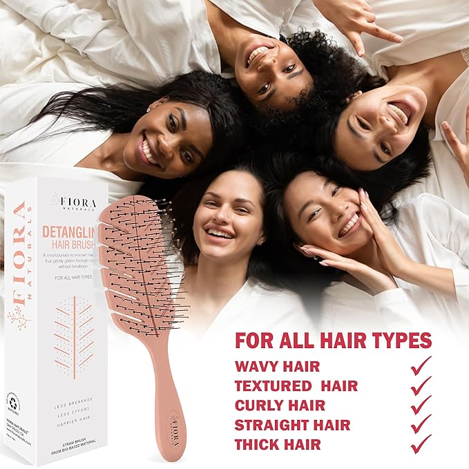 Detangler Brush by Fiora Naturals - 100% Bio-Friendly Detangling brush w/Ultra-Soft Bristles - Glide Through Tangles with Ease - For Curly, Fine, Black Natural, Women, Men, Kids - Dry and Wet Hair