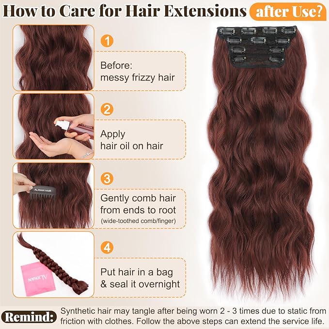ALXNAN Clip in Long Wavy Synthetic Hair Extension 24 Inch Wine Red 4PCS Thick Hairpieces Fiber Double Weft Hair for Women