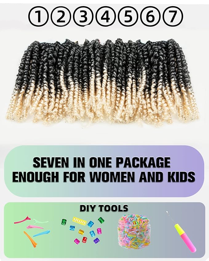 Super Short Passion Twist Crochet Hair for Black Women and Kids-6 Inch 7 Packs Ombre Gray to Blonde Pre Looped Pre-twisted Passion Twist Hair,Bob Spring Kinky Twist Bohemian Curl(6"-7P,TGray/613)