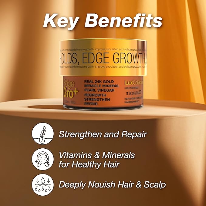 Edge Lux Edge Gro+ Real 24K Gold Repairing Edge Control Gel with Castor Oil, Biotin, Miracle Mineral, and Pearl Powder - Strengthening Hair Gel for All Hair Types, 3.53 Ounce