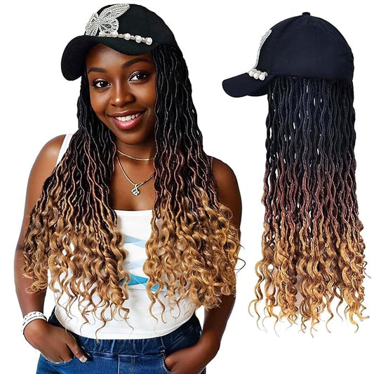 Bling Butterfly Cap w/20 inch Goddess Curls Faux Locs Crochet Hair Extensions, Ombre Brown Wigs with Curly Ends
