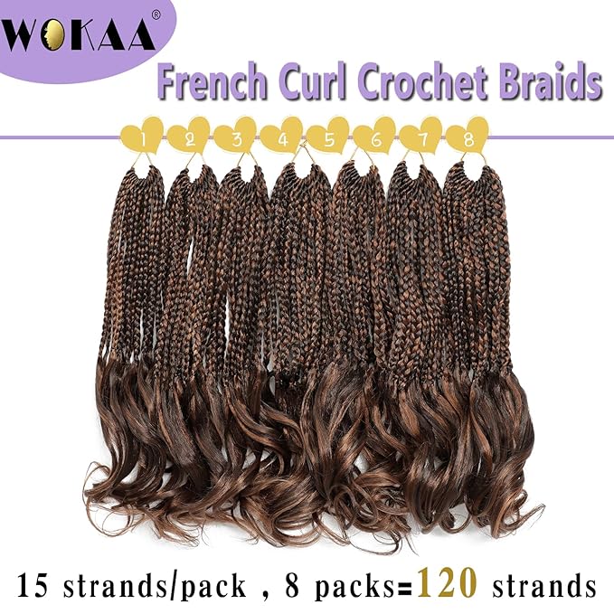 French Curly Braiding Hair Pre looped 12 Inch 8 Packs Short Crochet Hair for Women Dark Brown mix Brown Crochet Box Braids with Curly Ends Synthetic Hair Extensions P4/30#