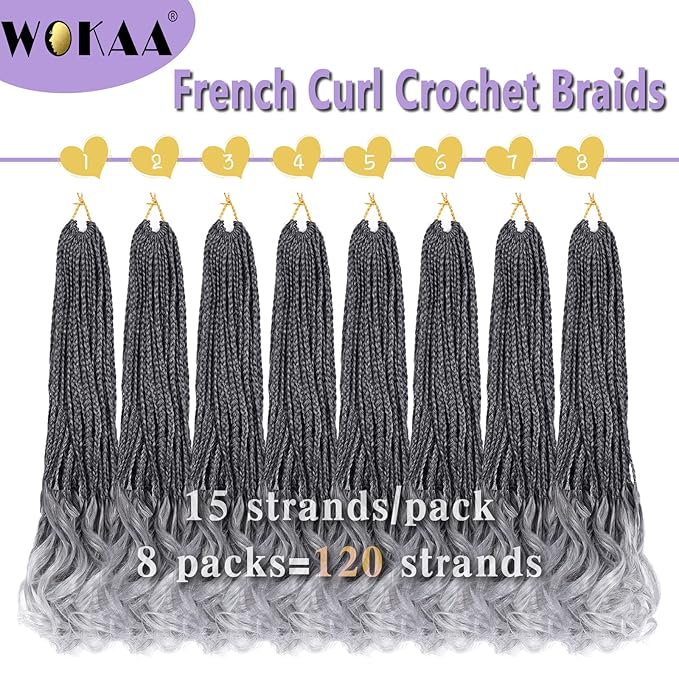 French Curl Crochet Braids 18 Inch 8 Packs Goddess Box Braids Crochet Hair for Women Gray Pre Looped Crochet Box Braid with Curly Ends Synthetic French Curly Braiding Hair Extensions (1B/Gray)
