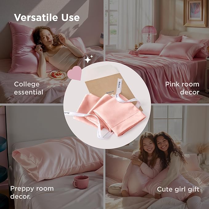 Bedsure Satin Pillowcases, Similar to Silk Pillow Cases Queen Size Set of 2, Pillow Case for Sleeping Women with Envelope Closure, Gifts for Women Men, Peach Pink, 20x30 Inches, 2pcs