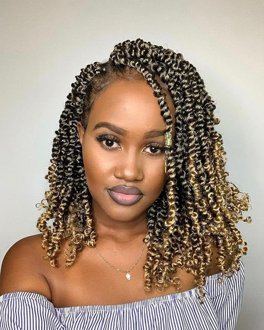 ZRQ 10 Inch Bomb Twist Braiding Hair 8 Packs Short Bohemian Hair for Passion Twists 12 Roots/Pack Ombre Blonde Pre-Twisted Passion Twist Crochet Braids Hair Extensions for Black Women T27#