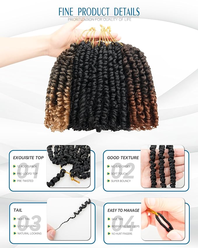 Passion Twist Crochet Hair-Mixed Color Combo Pack(6 packs 1B+1 pack T1B/27+1 pack T1B/30),Pre-twisted Pre Looped Short Synthetic Braided Hair Extensions For Black Women and Kid(6"-8 Packs,1B+T27+T30)