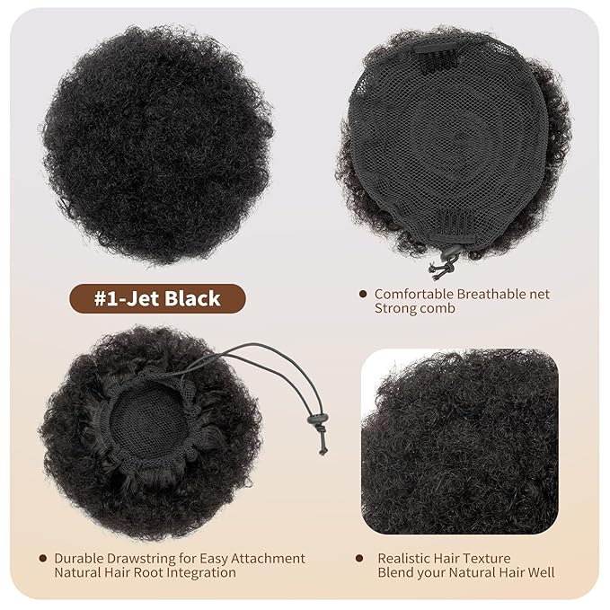 6 Inch Natural Real Human Hair Afro Puff Ponytail for Black Kids Girls Women Kinky Curly Ponytail Extension Halloween Drawstring Ponytail African American Fake 4c High Bun Children Gift Jet Black 40g