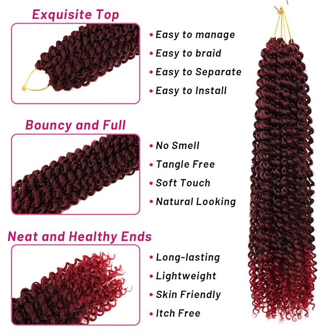 Dorsanee Ombre Burgundy Passion Twist Hair 18 Inch 7 Packs Water Wave Crochet Hair Long Bohemian Curly Braiding Hair for Butterfly Locs, Faux Locs, Boho Style Spring Twist Crochet Braids (TBug#)